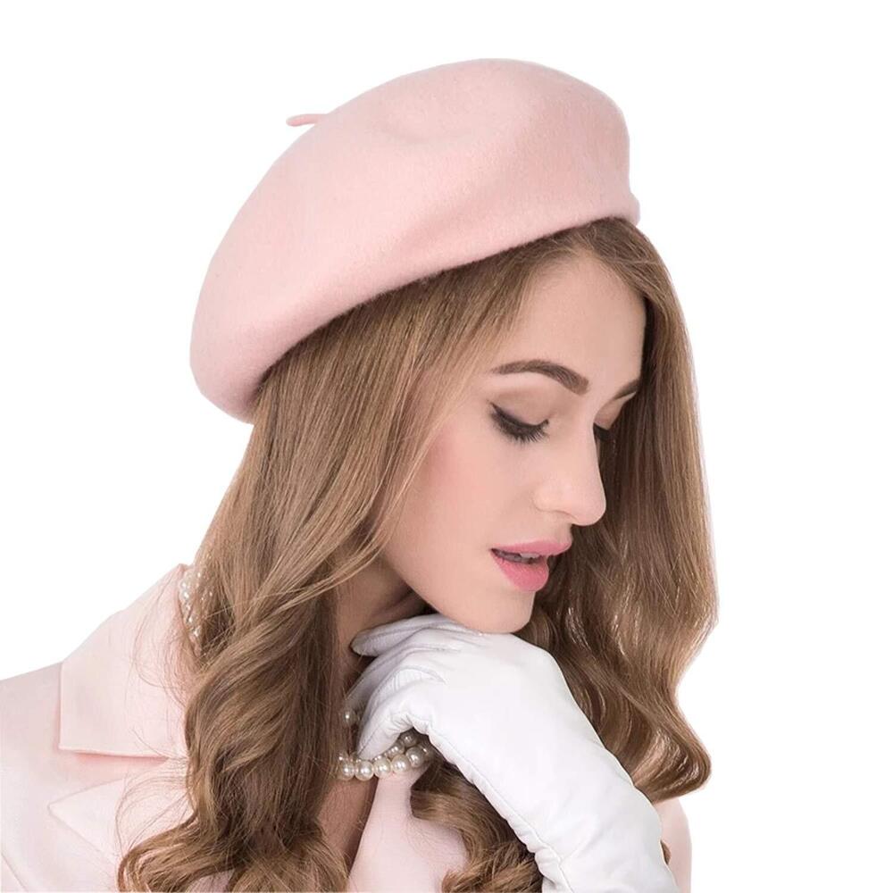 1912 Women Wool Beret Hat French Style Solid Color (pink)